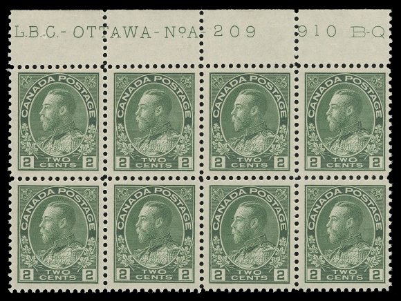 CANADA -  8 KING GEORGE V  107iv,A highly select mint Plate 209 block of eight, brilliant fresh and well centered, VF NH (Unitrade cat. $720 as singles)