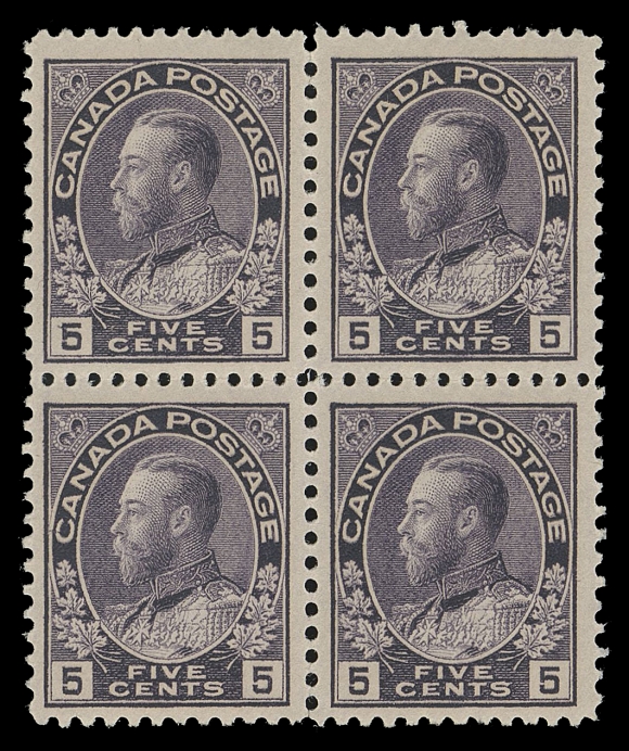 CANADA -  8 KING GEORGE V  112iii, variety,Mint block of four, each stamp displaying retouched vertical line in upper right spandrel (from Plate 19-20) along with overall kiss print variety (slight doubling of design) for a blurry overinked effect. An interesting item for the specialist, VF NH (Cat. as normal 112iii singles)