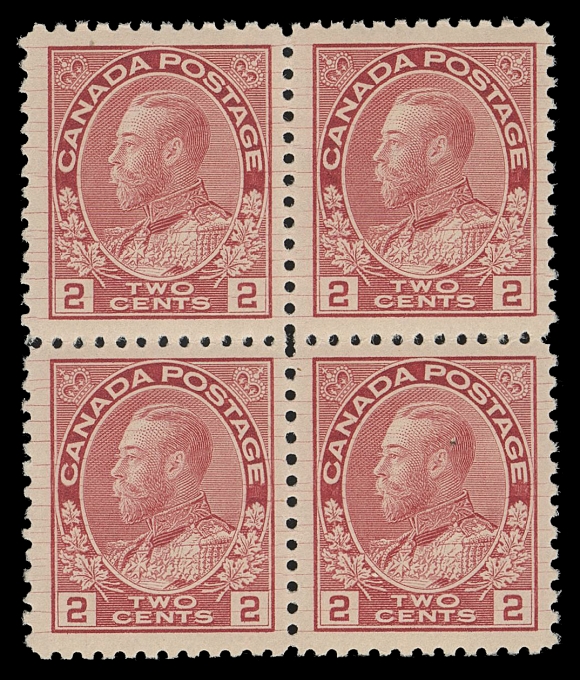 CANADA -  8 KING GEORGE V  106ix,A very appealing mint block in an amazing bright shade, prominent Hairlines visible at sides of each stamp, full pristine original gum, a scarce block, VF NH