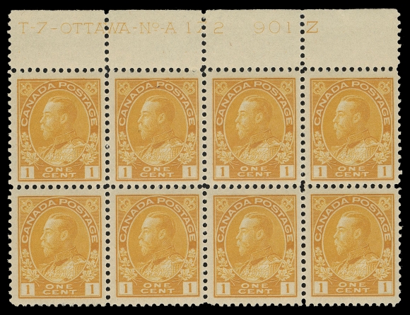 CANADA -  8 KING GEORGE V  105,A mint Plate 172 block of eight, deep colour, margin LH leaving all stamps VF NH (Unitrade cat. $960 as singles)