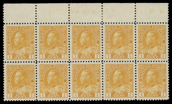 CANADA -  8 KING GEORGE V  105d,A fresh, well centered mint Plate 188 inscription block of ten, margin hinged leaving all stamps VF NH; a beautiful plate block. (Unitrade cat. $900 as singles)
