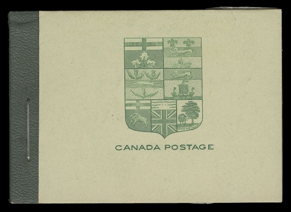 CANADA - 11 BOOKLETS  BK3c,Complete English booklet, dark green binding tape under staple, containing four panes of six of the 1c yellow green Admiral on vertical mesh paper, all nicely centered and NH; small Type II serif capitals information sheets (36mm wide), VF