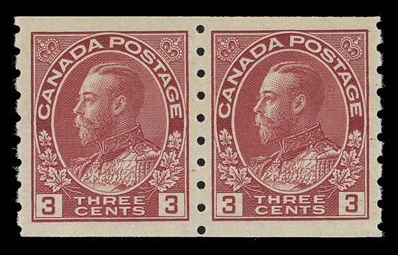 CANADA -  8 KING GEORGE V  130,A very well centered mint coil pair with intact perforations and full unblemished original gum, VF+ NH