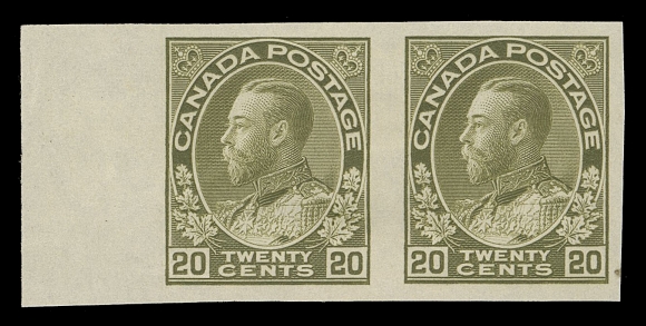 CANADA -  8 KING GEORGE V  119a,A full margined mint hinged imperforate pair with sheet margin at left, displaying the characteristic retouched vertical line in upper right spandrel associated with this plate, tiny inclusion at lower right, hinge remnants with large part original gum, a scarce imperforate pair in well-above average condition, VF