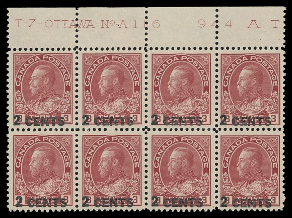 CANADA -  8 KING GEORGE V  139,Mint Plate 116 block of eight, bright fresh colour, well centered, lightly folded along vertical perfs at centre, VF NH