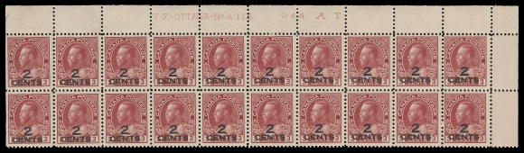 CANADA -  8 KING GEORGE V  140,An impressive mint upper right Plate 115 strip of twenty, nicely centered, natural straight edge left, fresh and VF NH; large plate multiples of the provisional surcharge are seldom encountered. (Unitrade cat. $2,100 as a plate block and twelve singles)