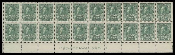 CANADA - 17 WAR TAX  MR1,Lower left mint Plate 1 strip of twenty, natural straight edge and guide arrow at right, lightly folded, stamps in first and last columns hinged, other sixteen NH. A nice and elusive plate strip, VF (Unitrade cat. $2,080 as singles)