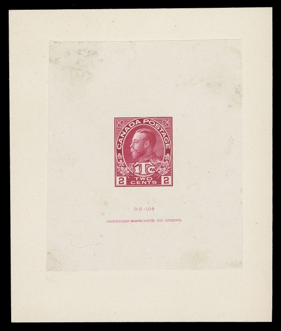 CANADA - 17 WAR TAX  MR3a,Large Die Proof in the issued colour on india paper 60 x 72mm on slightly larger card 82 x 98mm; some soiling well clear of the image, showing die number "OG-106" and ABNC imprint (24mm long) below design; very scarce die proof with less than a half-dozen recorded, VF