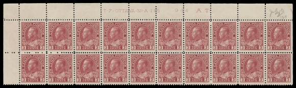 CANADA -  8 KING GEORGE V  109d,A superior mint upper left Plate 115 strip of twenty in a lovely distinctive shade, lightly folded, pencil "July 29 / 29" date of acquisition by pioneer collector Major K. H. White, trivial perf separation in the margin, LH on top right stamp and in margin, other nineteen stamps are NH. A gorgeous plate strip from the first plate employed for the newly adopted colour, VF (Unitrade cat. $2,320 as singles)