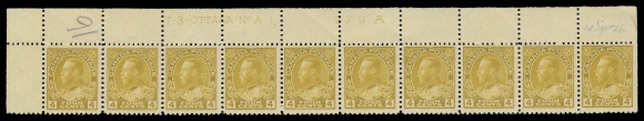 CANADA -  8 KING GEORGE V  110,A nicely centered upper left mint Plate 1 strip of ten, deep rich colour, straight edged stamp hinged, all others NH, VF (Unitrade cat. $2,800 as singles) ex. Harry Lussey (1981; Lot 982)