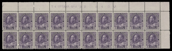 CANADA -  8 KING GEORGE V  112a,A post office fresh mint upper right Plate 22 strip of twenty on the distinctive thin paper, lightly folded along perfs, F-VF NH; a wonderful and seldom seen plate strip. (Unitrade cat. $1,800 as singles)