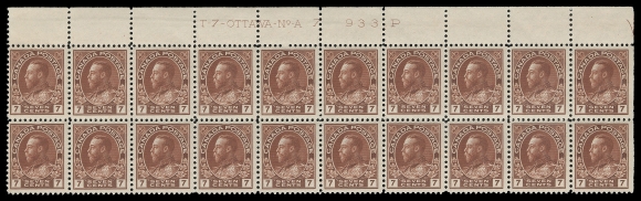 CANADA -  8 KING GEORGE V  114biv,Upper left Plate 7 strip of twenty, no margin at left, natural straight edge right, two stamps in lower row show diagonal line in "V" of "SEVEN" variety, upper left single and upper right pair hinged, other seventeen stamps including the varieties are NH; a scarce plate strip, F-VF (Unitrade cat. $1,875 as singles)