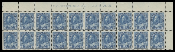 CANADA -  8 KING GEORGE V  117a,Upper right Plate 22 strip of twenty, superior centering, light gum crease on two stamps, a beautiful large plate multiple in well-above average condition, VF NH (Unitrade cat. $4,200 as singles)