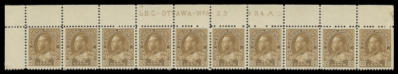 CANADA -  8 KING GEORGE V  118,Upper left Plate 23 strip of ten showing engraver