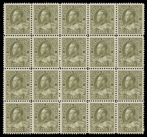 CANADA -  8 KING GEORGE V  119iv,Post office fresh mint block of twenty displaying the retouched vertical line in upper right spandrel characteristic of Plate 9, about half the stamps are well centered, all with pristine original gum, Fine to Very Fine NH (Unitrade cat. $6,800)