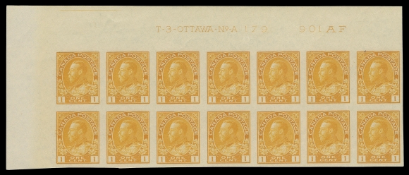 CANADA -  8 KING GEORGE V  136,Upper left Plate 179 inscription mint block of fourteen, bright  fresh colour, faint hinging in top right corner margin, stamps and plate block unit are VF NH