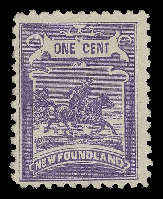 NEWFOUNDLAND FAKES AND FORGERIES  Four different attributed to William B. Hale and printed in France; includes perforated 1c purple Pony Express, 3c red Ship, 10c Steamship in purple and an imperf in brown. Couple trivial flaws of no importance for these interesting and elusive bogus stamps.