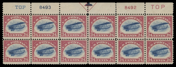 USA  C3,An attractive "TOP" margin block of twelve with two plate numbers and guide arrow at centre, folded at centre vertical perfs, deep colours and full original gum, F-VF NH