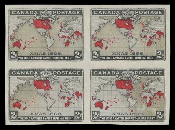 CANADA -  6 1897-1902 VICTORIAN ISSUES  85a,Imperforate block of four - Plate 1, Position 23-24 / 33-34, "Muddy Waters" effect, showing a constant diagonal line through "D" of "CANADA" on Position 33, other positions with distinctive varieties on the red plate (islands), VF; enclosed with highly detailed original album page.