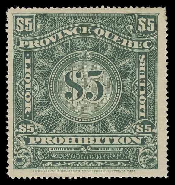 CANADA REVENUES (PROVINCIAL)  QP9,A quite well centered mint single, bright fresh colour and unusually full clean original gum; negligible perf flaw at top, a nice example of this elusive prohibition era stamp, VF LH