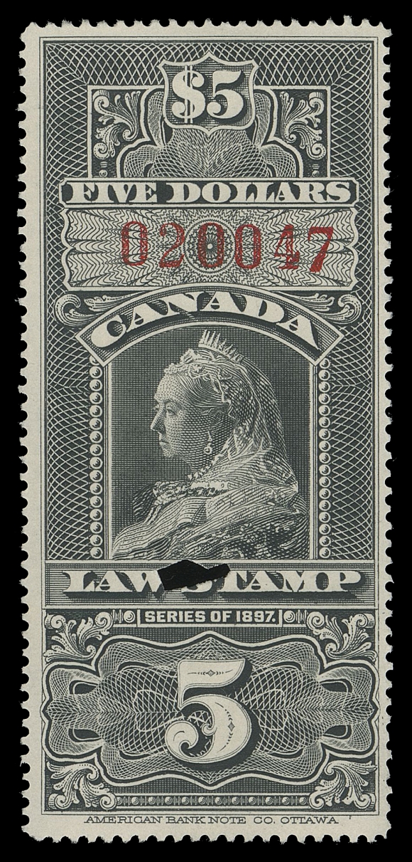 CANADA REVENUES (FEDERAL)  FSC10,A quite well centered example with red serial number "020047" (originating from second sheet issued), good colour with single-punch cancel, F-VF