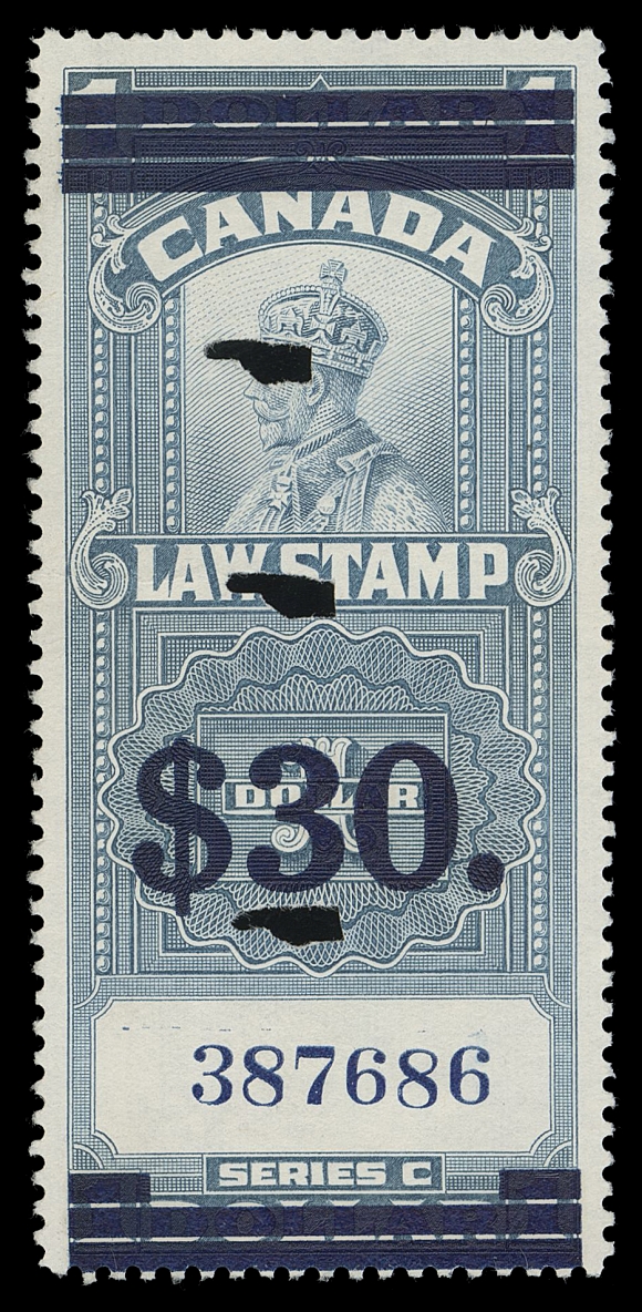 CANADA REVENUES (FEDERAL)  FSC19,A well centered example with royal blue surcharge, serial number "387686", punch cancels, brilliant fresh and in flawless condition. A scarce Supreme Court stamp, only 1,040 examples received this type of surcharge.