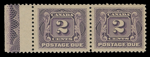 CANADA - 16 POSTAGE DUE  J2a,A well centered mint horizontal pair displaying nearly full Type B lathework in left margin, full unblemished original gum, VF NH; 2019 Greene Foundation cert.