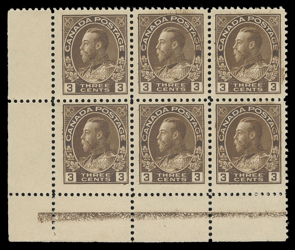 CANADA -  8 KING GEORGE V  108ii + variety,Lower left block of six on a distinctive thicker paper (0.0045"  thick not counting the gum) with Type D inverted lathework in an  unusual lesser strength than normally found, natural printing ink smears; an interesting item, for the specialist, F-VF NH;  2018  Greene Foundation cert. ex. John Smallman (February 2018; Lot  172), (Unitrade cat. $1,200 for normal lathework on regular wove paper)