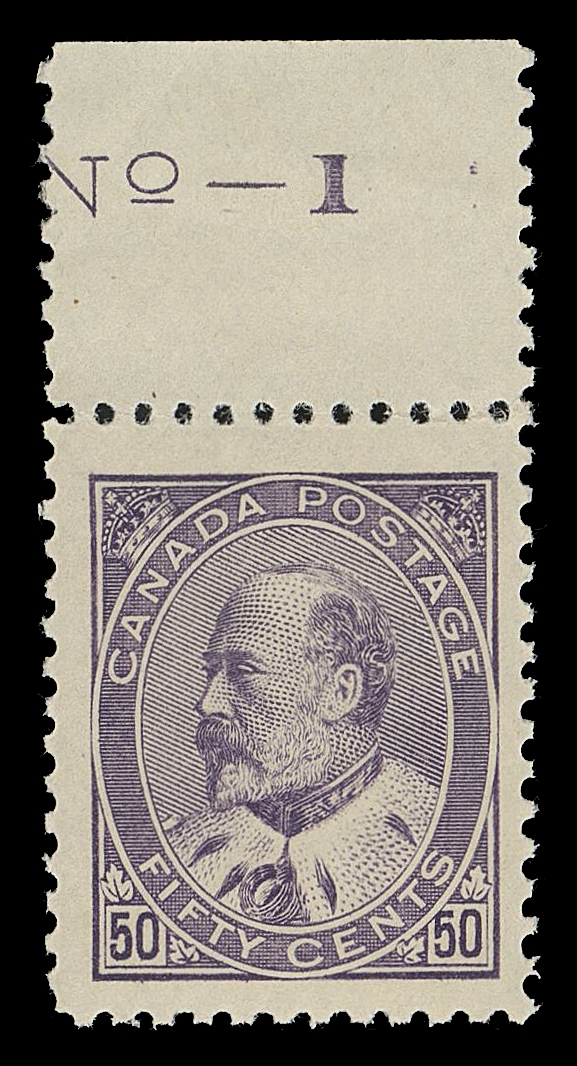 CANADA -  7 KING EDWARD VII  95,A spectacular mint single, well centered with remarkably large margins and displaying part plate "No-1" imprint in top margin, vivid colour and sharp impression on fresh paper with intact perforations all around, full pristine original gum, NEVER HINGED. A wonderful example of this sought-after stamp, VF NH JUMBO; 2015 Greene Foundation cert.