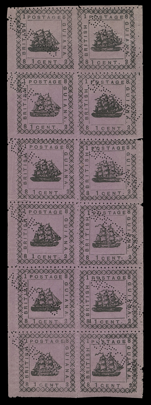 BRITISH GUIANA  103-104 + variety,An unused pane of twelve perforated SPECIMEN diagonally, done so to prevent fraud on the government - Type I (three masts) on six positions and Type II (two masts) on other six. Originating from Second Setting (First printing) showing the elusive "1" with foot variety at Position 7 (SG 162c), a few mild creases hardly visible from the front, fresh, ungummed as issued, F-VF (SG 162/164 £1,005; no premium added for se-tenant pairs and as a complete pane)