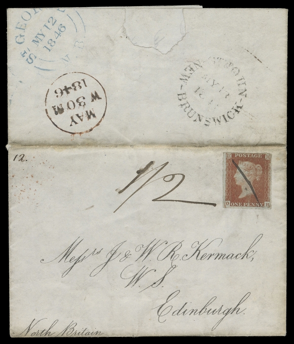 NEW BRUNSWICK STAMPLESS COVERS  1846 (May 12) Folded lettersheet rated "1/2" from St. George, New Brunswick to Edinburgh, Scotland, showing clear St. George NB dispatch in blue, St. John MY 13 rimless transit backstamps, MAY 30 arrival postmark. British 1p red brown [OH] affixed and pen cancelled, likely paying a local delivery fee. Without a doubt, one of the very earliest New Brunswick covers bearing a postage stamp, F-VF