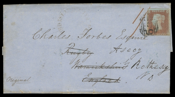 P.E.I. STAMPLESS COVERS  1850 (July 2) Blue folded lettersheet from Charlottetown to Rugby, England, prepaid "1/" in red manuscript with light dateless Prince Edward Island Paid rimless cancellation in red, similar cancellation in black JY 2 1850 on back; light JY 17 arrival backstamp. Original addressee crossed out with new address and a GB 1p red brown [JH], cut into, tied by numeral grid for redirection fee to Rothesay with neat JY 18 1850 receiver backstamp. A most appealing cover bearing a postage stamp more than ten years before Prince Edward Island started issuing its own stamps in 1861, F-VF