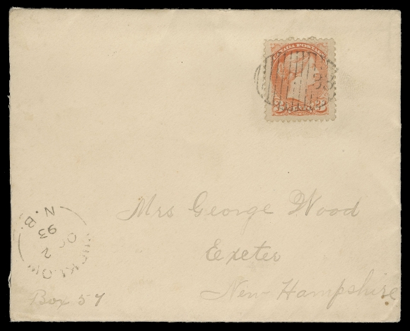 CANADA -  5 SMALL QUEEN  1894 (October 2) Full cover in choice condition bearing a well centered and unusually large margined 3c vermilion tied by superb oval grid 