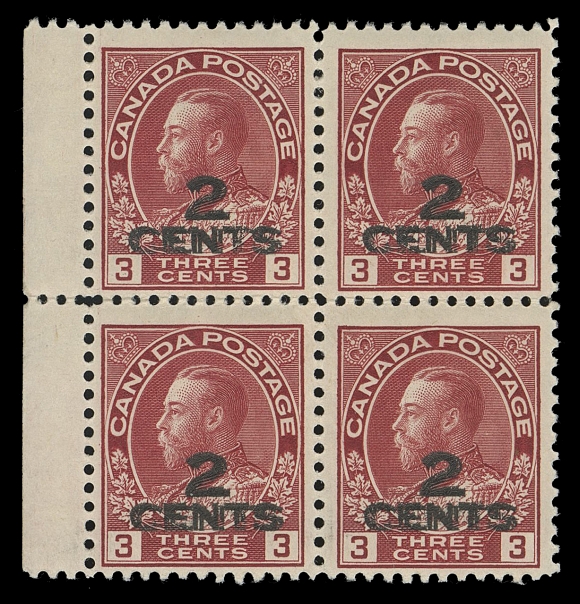 CANADA -  8 KING GEORGE V  140a,A scarce mint block of four with the double surcharge variety, two clear impressions side-by-side, lower pair is NH, Fine LH