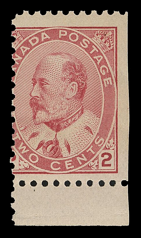 CANADA -  7 KING EDWARD VII  90variety,A spectacular mint example displaying one of most striking perforation shifts one can hope to find on early Canadian stamps; a corner margin pair showing a nearly "void" stamp at left, short gummed at left. A remarkable perforation "freak", VF NH