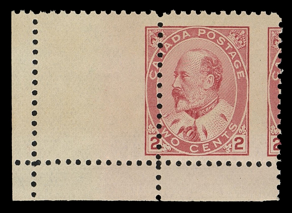 CANADA -  7 KING EDWARD VII  90variety,A spectacular mint example displaying one of most striking perforation shifts one can hope to find on early Canadian stamps; a corner margin pair showing a nearly "void" stamp at left, short gummed at left. A remarkable perforation "freak", VF NH