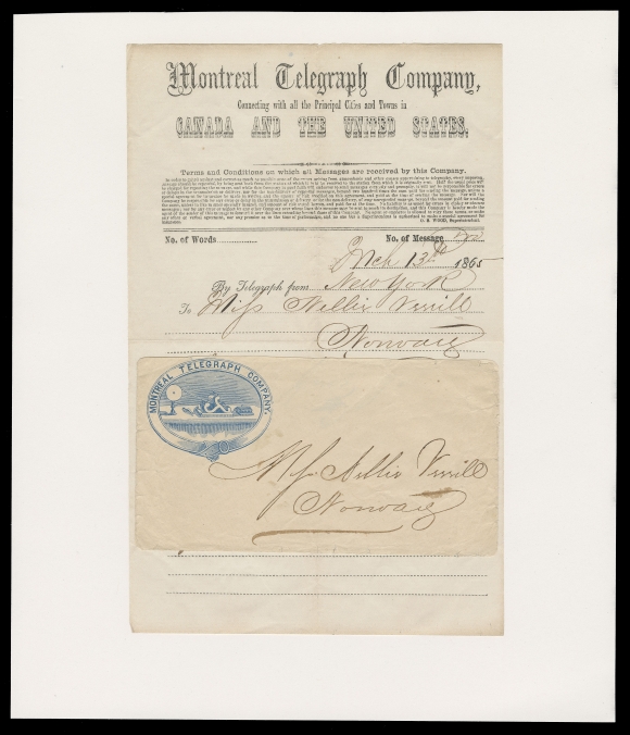 CANADA STAMPLESS COVERS  1865 (March 13) Illustrated company envelope, lithographed in violet, no backflap and slight edge flaws, with handwritten telegram on Montreal Telegraph Company printed stationery lettersheet, scarce and appealing, Fine+