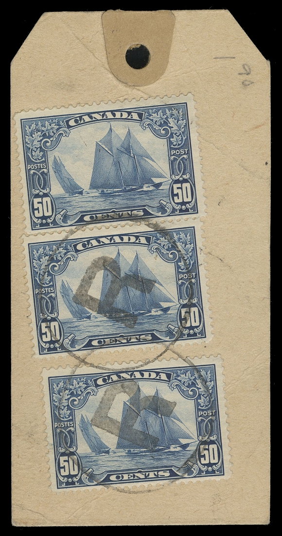 CANADA -  8 KING GEORGE V  Circa. late 1930s mailing tag without addressee bearing three 50c Bluenose, other side with two 1938 20c Fort Garry, all tied by large circular "R" registration handstamps, card creasing not affecting stamps. An unusual and appealing multiple usage of the Bluenose, F-VF (Unitrade 158, 243)