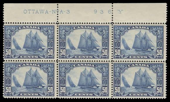 CANADA -  8 KING GEORGE V  158,A mint Plate 3 block of six (from upper left pane), bright fresh colour, hinged in selvedge only leaving all stamps Fine NH