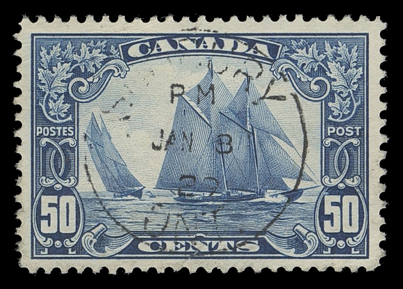 CANADA -  8 KING GEORGE V  158,A well centered single with Sudbury JAN 8, 1929 postmark, the FIRST DAY OF ISSUE of this famous stamp, small flaws but this is the first time we have seen a Bluenose cancelled on the day of issue, VF appearance