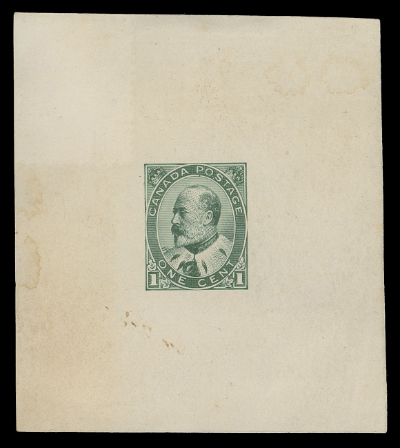 THE AFAB COLLECTION - CANADA  89,Prepared by Perkins Bacon Company, London, engraved by American Bank Note Company; a Large Die Essay in bluish green on thick white wove paper (0.0055" thick), showing colourless numerals in lower corners. Light ageing at right and trivial stain spots, nevertheless a rare die essay, Fine (Minuse & Pratt 89E-Ae)