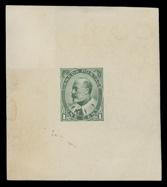 THE AFAB COLLECTION - CANADA 89,Prepared by Perkins Bacon Company, London, engraved by American Bank Note Company; a Large Die Essay in bluish green on thick white wove paper (0.0055" thick), showing colourless numerals in lower corners. Light ageing at right and trivial stain spots, nevertheless a rare die essay, Fine (Minuse & Pratt 89E-Ae)