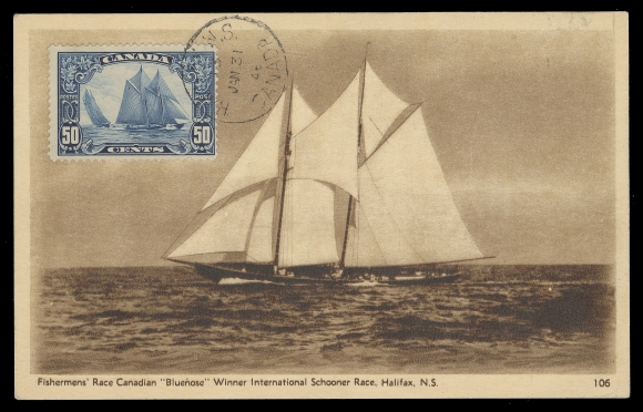 CANADA -  8 KING GEORGE V  Single 50c Bluenose affixed to obverse of 2c brown Arch pictorial card picturing the ship in a Schooner Race, postmarked Halifax JAN 31 46 - two days after its sinking off the Haitian Coast. A great collateral item, VF