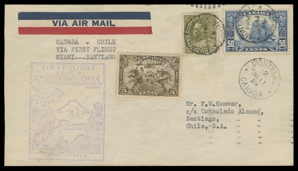 CANADA -  8 KING GEORGE V  1929 (July 11) Airmail cover with FAM 9 Canal Zone - Chile flight cachet, mailed from Montreal to Santiago, Chile via Miami and Canal Zone, bearing 50c Bluenose, 20c olive green Admiral and 5c airmail, all tied by Montreal dispatch CDS, Cristobal JUL 15 1929 and Santiago 29 JUL 29 backstamps. An attractive usage of the Bluenose to South America, VF (Unitrade 119, 158, C1)