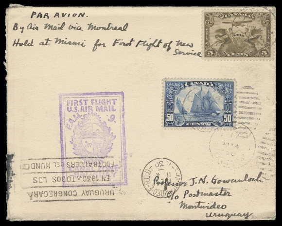 CANADA -  8 KING GEORGE V  1930 (January 4) Airmail cover with FAM 9 Canal Zone - Uruguay first flight cachet, sent from Ottawa to Montevideo, Uruguay via New York, Miami and Canal Zone, bearing a 50c Bluenose and 5c airmail tied by light Ottawa duplex; four different backstamps along with Montevideo receiver ENE 21 receiver on obverse. A scarce and unusual destination cover bearing a Bluenose stamp, VF (Unitrade 158, C1)