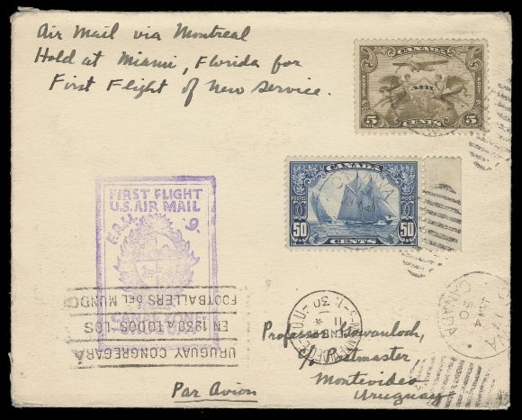 CANADA -  8 KING GEORGE V  Similar first flight cachet cover as previous lot with a well centered 50c Bluenose with sheet margin at right and 5c airmail with similar dispatch, transit and receiver markings, VF (Unitrade 158, C1)