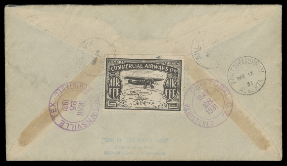 CANADA -  8 KING GEORGE V  1931 (March 14) Aklavik, North West Territories to Buenos Aires, Argentina "First through Airmail" Canadiana pictorial cover in choice condition, sent registered airmail to Argentina, franked with a 50c Bluenose and 10c Library tied by light Aklavik, NWT CDS, additional strikes front and back; on reverse a Commercial Airways (10c) black AIR FEE semi-official airmail showing the constant Break in Oval (Position 1) and tied by dispatch datestamp, also backstamps of Fort McMurray MR 17, Brownsville, Texas MAR 25, Cristobal, Canal Zone MAR 28. An impressive and rarely seen rate & destination combination, VF (Unitrade 158, 173; AAMC CL48-3102a - 37 pieces carried)