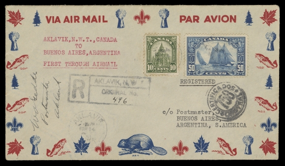 CANADA -  8 KING GEORGE V  1931 (March 14) Aklavik, North West Territories to Buenos Aires, Argentina "First through Airmail" Canadiana pictorial cover in choice condition, sent registered airmail to Argentina, franked with a 50c Bluenose and 10c Library tied by light Aklavik, NWT CDS, additional strikes front and back; on reverse a Commercial Airways (10c) black AIR FEE semi-official airmail showing the constant Break in Oval (Position 1) and tied by dispatch datestamp, also backstamps of Fort McMurray MR 17, Brownsville, Texas MAR 25, Cristobal, Canal Zone MAR 28. An impressive and rarely seen rate & destination combination, VF (Unitrade 158, 173; AAMC CL48-3102a - 37 pieces carried)