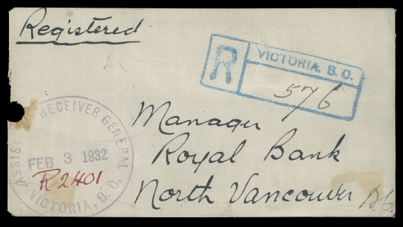 CANADA -  8 KING GEORGE V  1932 (February 3) Registered shipping tag from the Assistant Receiver General, Victoria, BC to Royal Bank, North Vancouver, BC, on reverse a scarce 5-hole OHMS 50c Bluenose with sheet margin at right and a 5-hole OHMS Arch 3c red vertical strip of three (all Position A) tied by Victoria CDS postmarks and further tied by large oval Registration Branch FEB 4 1932 Vancouver datestamp in blue. A most appealing and very rare correct usage of the 5-hole OHMS Bluenose, ideal for exhibition, VF (Unitrade OA158, OA167)