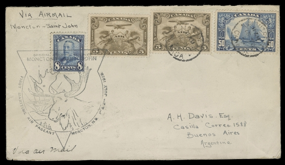 CANADA -  8 KING GEORGE V  1929 (July 1) Maritime Air Pageant "moose" illustrated cacheted cover, Moncton to Saint John flight, bearing a single 50c Bluenose, an 8c Scroll and two 5c airmails tied by Montreal MR 30 dispatch CDS, Saint John JUL 1 arrival postmark, sent to Buenos Aires, Argentina with JUL 25 receiver backstamp, a few edge wrinkles and nick at left, otherwise appealing and F-VF (Unitrade 154, 158, C1)